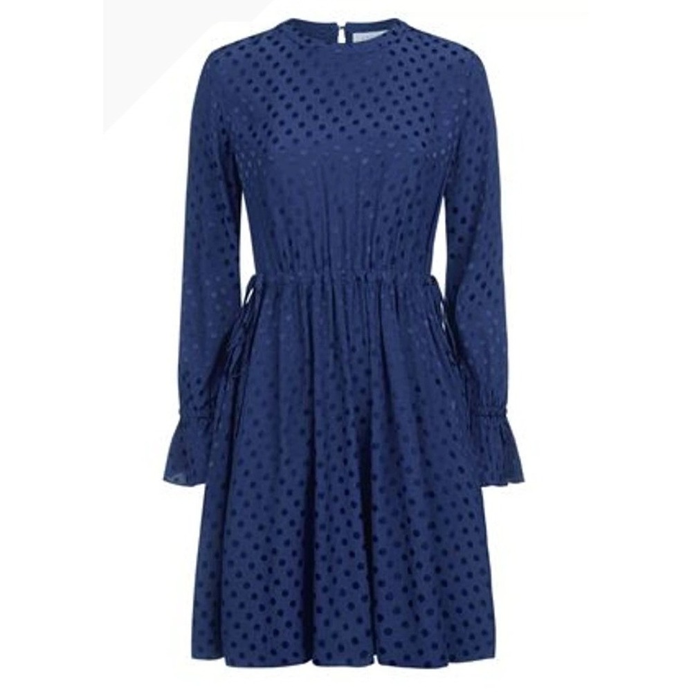 Sandro Polka Dot Poplin Dress Women Small Blue Bell Sleeve Pleated Retro Luxury